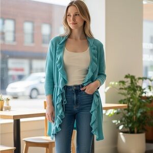 NEW Pure Handknit S/M blue cotton Ruffle sweater